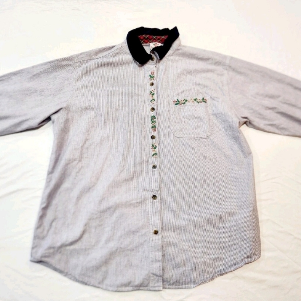 Nutcracker Brand Womens Long Sleeve Striped Embroidered Stitched Holly Leaves XL